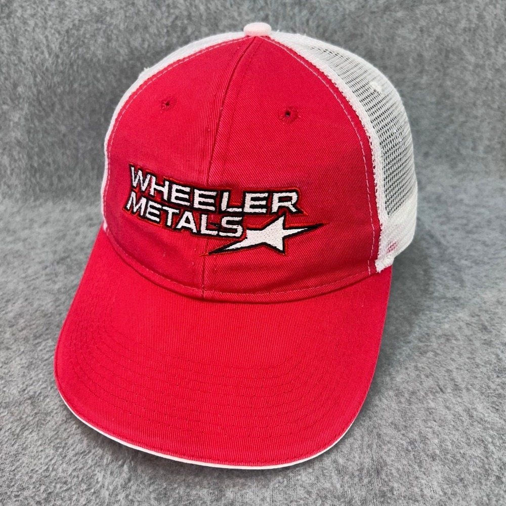 Wheeler Metals Logo Mens Red Wheeler Metals Trucker Hat Mesh Adjustable OSFM